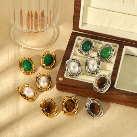 French Retro Oval Earrings Necklace Ring For Women With Natural Stone Faux Artificial Pearl Tiger Eye Stainless Steel Jewelry