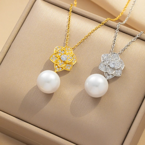 Collana Con Ciondolo Fiore Rosa Per Donna Acciaio Al Titanio Zircone Perla Artificial Imitazione Gioielli Eleganti
