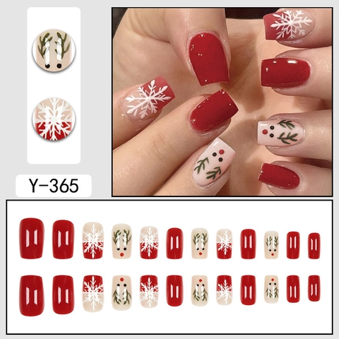 Christmas Press-On Nails Resin Glossy Red White Snowflake Reindeer Square-Round Artificial Fingernails Festive Nail Art