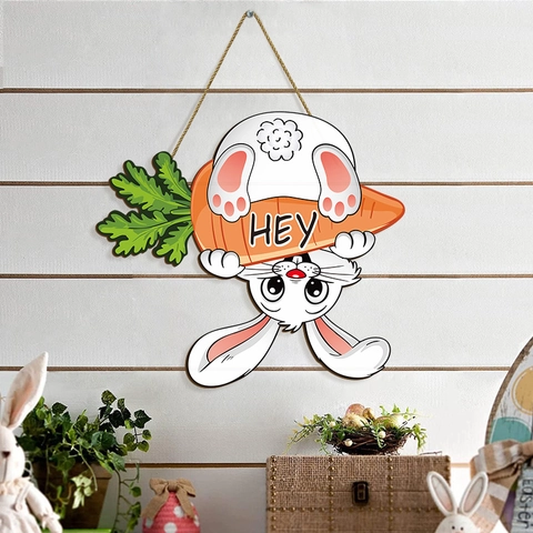 Easter Wooden Hanging Sign Cartoon Rabbit Holding Carrot Wall Decor Festive Door Hanger Home Ornament