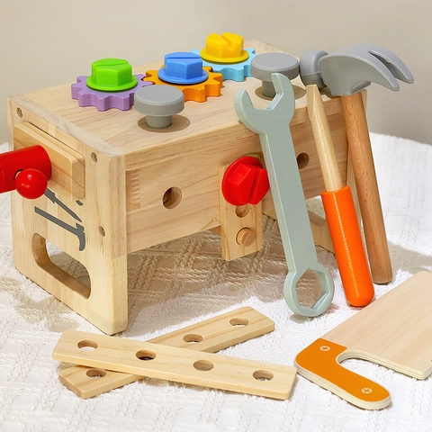 Kids Wooden Toy Tool Box Educational Montessori Pretend Play Workbench With Hammer Wrench Screwdriver Screws Nuts