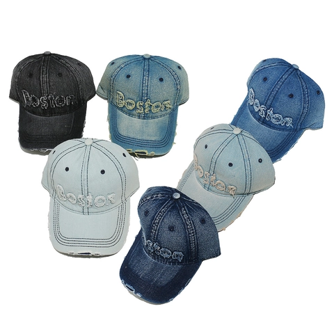 Baseball Cap Cotton Washed Denim Distressed Ripped Frayed Edge Boston Letter Embroidery Retro American Style Men Women