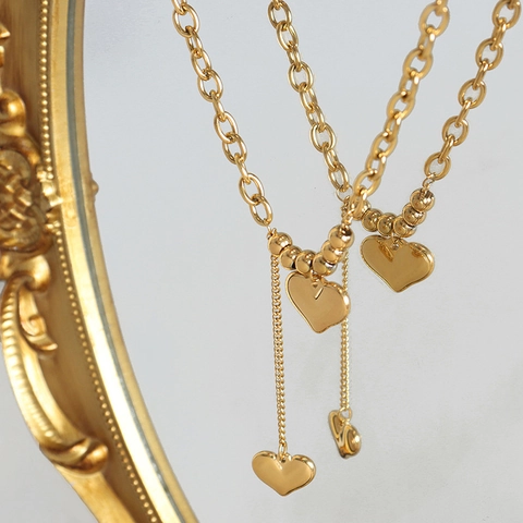 Collar Con Colgante De Doble Corazón Acero De Titanio Chapado En Oro De 18K Cadena De Clavícula Joyería De Moda Mujer
