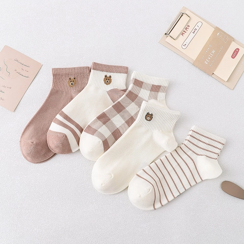 Fantasmini da Donna in Cotone con Ricamo Orso Stile Giapponese Traspiranti a Quadretti e Righe Calzini Bassi Casual