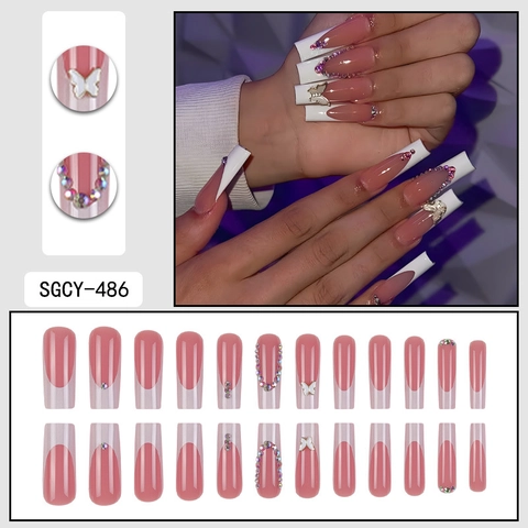 Uñas Postizas Largas Coffin French Tip Blanco Mariposa 3D Decoración Diamantes Imitación Rosa Nude Para Mujeres