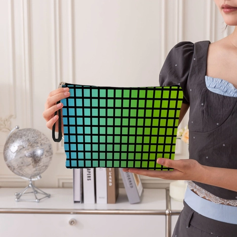 Checkered Gradient Cosmetic Bag Linen Like Polyester Makeup Pouch With Zipper And Wristlet Strap Multifunctional Travel Storage Bag For Women