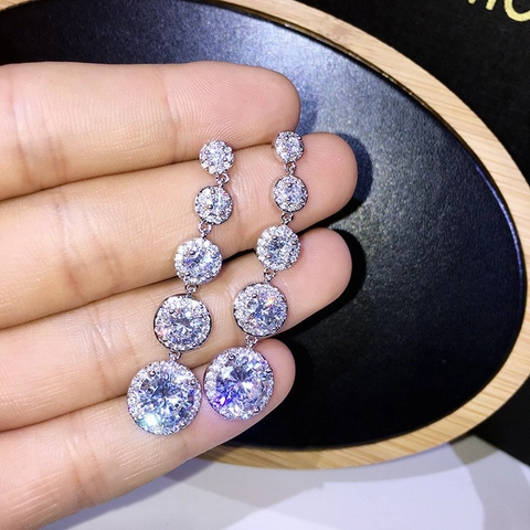 Elegant Zirconia Long Tassel Drop Earrings For Women Sparkling Gradient Round Zirconia Dangle Earrings Bridal Wedding Party Fashion Accessory