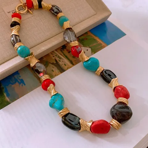 Collana E Orecchini Boho Vintage Perline Colorate Turchese Artificiale Resina Rossa Lega Con Perno Per Orecchini In Argento