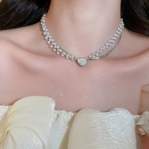 Collana Con Ciondolo A Cuore Multistrato Perla Artificial Imitazione Lega Strass Elegante Girocollo Gioielli Di Lusso Per Donne