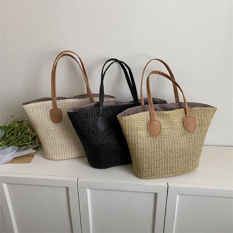 Stroh Gewebte Tragetasche Große Kapazität Strand Schultertasche Mit PU Ledergriffen Sommer Lässig Für Frauen