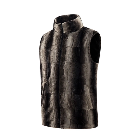 Men's Winter Stand Collar Faux Fur Fleece Lined Vest Contrast Color Casual Zipper Waistcoat Jacket Warm Sleeveless Outerwear Top