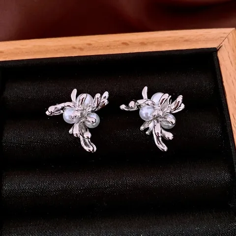Orecchini Fiore Künstliche Perle Strass Eleganti Francesi Con Perno In Argento Gioielli Ramo Rame Vintage Per Donne