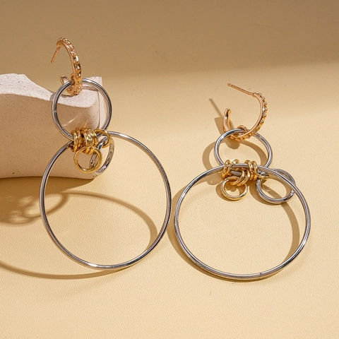Geometric Hollow Round Two-Tone Dangle Earrings With 925 Sterling Silver Earring Post Alloy Metal Fashion For Women