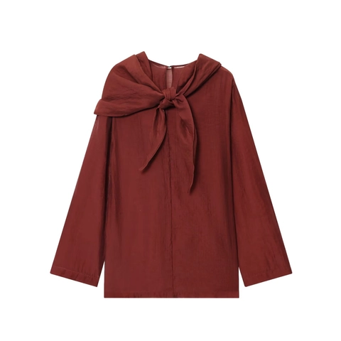 Blusa Vintage para Mujer con Cuello de Bufanda Drapeado Elegante Manga Larga Mezcla Algodón Seda Color Sólido