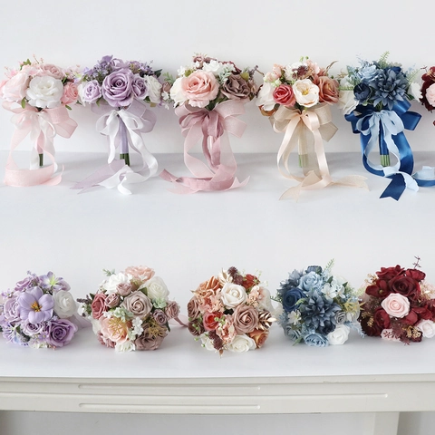 Ramo Novia Rosas De Satén Flores Artificiales Con Cintas Largas Para Accesorios Fotografía Boda Elegante Vintage