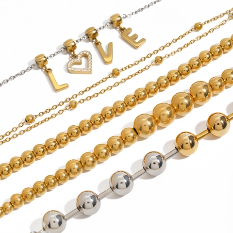 Stainless Steel Beaded Bracelet Mixed Metal Color Block Heart Pendant LOVE Letter Evil Eye Fashion Jewelry Women