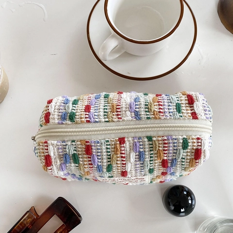 Multicolored Knitted Makeup Bag Large Capacity Woven Cosmetic Wash Bag Zipper Striped Storage Organizer Women Travel