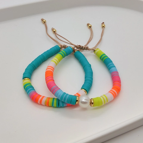 Bohemien Bunter Polymer Ton Heishi Perlen Armband Mit Süßwasserperle Und Vergoldeten Messingperlen Verstellbares Gewebtes Seil Für Damen