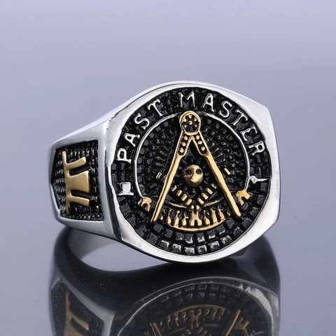 Masonic Past Master Signet Ring 316L Stainless Steel Bicolor Freemasonry Retro Punk Hip Hop Jewelry For Men