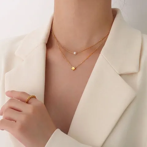 Ins Stil Doppellagig Titanium Stahl Halskette Für Damen Gold Silber Überzogen Stern Künstliche Perle Anhänger Schmuck