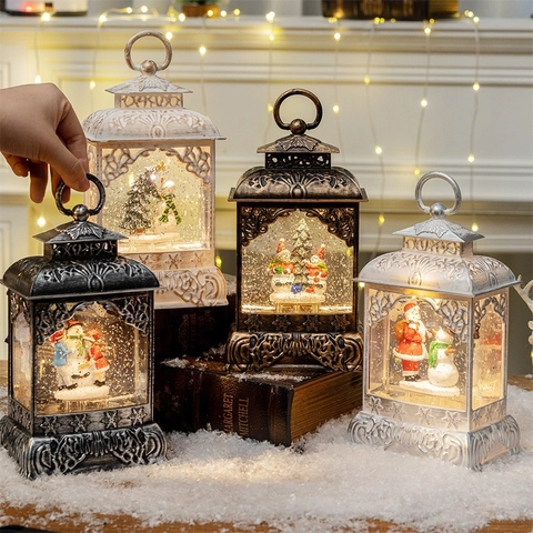 Christmas Snow Globe Lantern LED Lighted Retro Vintage Water Glitter Santa Claus Snowman Desktop Ornament Holiday Decor