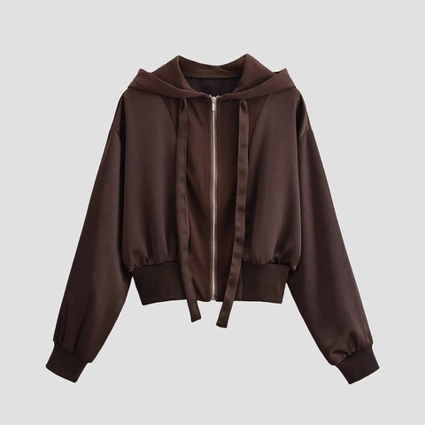 Chaqueta Corta Con Capucha Para Mujer Poliéster Color Sólido Cremallera Manga Larga Ropa De Abrigo Casual