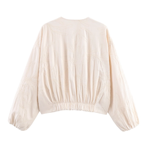 Women Embroidered Jacket Zip Up Round Neck Casual Floral Streetwear Polyester Outerwear Beige Long Sleeve Pocket
