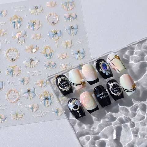 3D Embossed Nail Art Stickers Holographic Laser Bowknot Retro Frame Adhesive Manicure Decals Elegant Sweet Girl