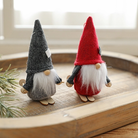 Gnomo Di Natale Sci Tomte Ornamento Feltro Pelliccia Sintetica Legno Nordico Appeso Decorazione Natalizia