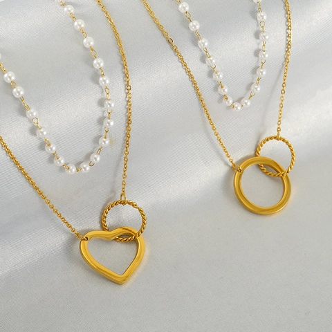 Collana Doppia Con Künstliche Perle Da Donna Acciaio Inossidabile 304 Placcato Oro 18K Ciondolo A Cuore Geometrico Stile Vintage Francese