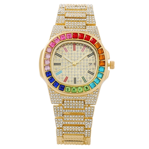Women Quartz Watch Square Luxury Full Rhinestone Metal Alloy Rainbow Gemstone Bezel Calendar Display Hip Hop Fashion Wristwatch