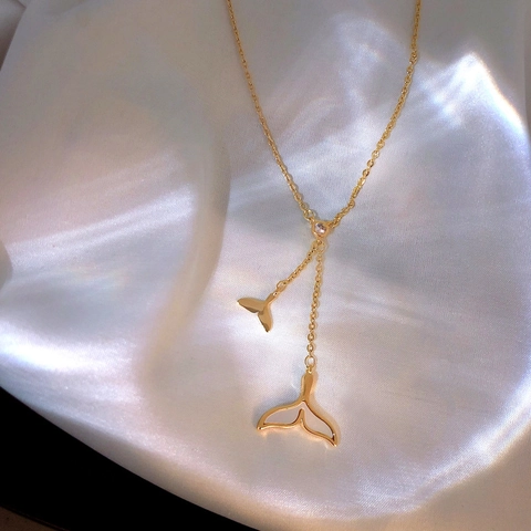 Dual Whale Tail Tassel Necklace Alloy Shell Inlay Zircon Y-Shaped Elegant Clavicle Chain Jewelry For Women