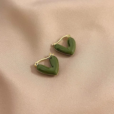 Orecchini A Cerchio Retro Cuore Forma A V Rame Placcato Oro Verde Scuro Smalto Gioielli Vintage Per Donne