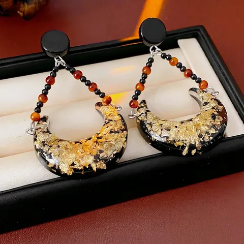 Vintage Crescent Moon Drop Earrings With Resin Gold Foil And Silver Earring Post Bohemian Retro Style Jewelry For Women