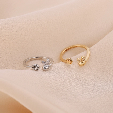 Anello Aperto Regolabile Dolce Minimalista con Ape e Rosa in Rame Placcato Oro Argento Strass Anello Fiore per Donna Gioielli Regalo