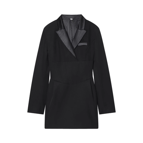 Robe Blazer À Strass Avec Revers En Patchwork De Satin Et Dos À Lacets Manches Longues Coupe Ajustée Mini Robe Élégante