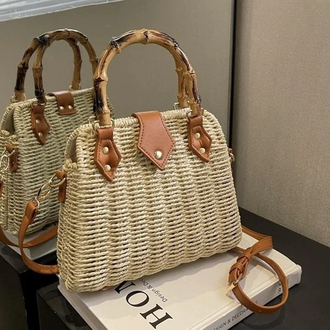Retro Stroh Gewebte Handtasche Mit Bambusgriff PU Lederbesatz Urlaub Reise Umhängetasche Für Frauen Boho Stil