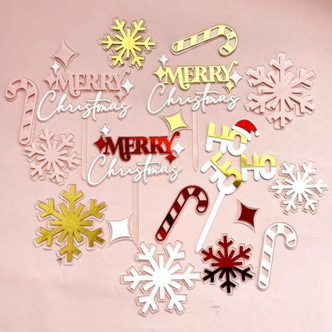 Acrylic Christmas Cake Topper Merry Christmas HOHOHO Snowflake Candy Cane Letters Cake Insert Dessert Decoration Holiday Party Supplies