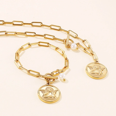 Collar Y Pulsera De Acero Inoxidable Para Mujer Colgante De Moneda De Ángel Cadena De Clip Perla Artificial Cierre De Barra T Vintage