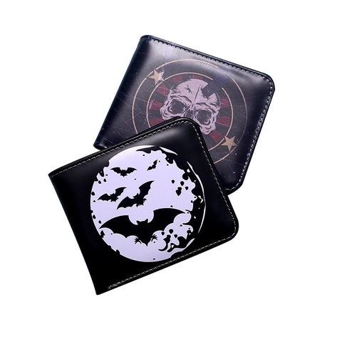 Herren Kurze Bifold Geldbörse PVC Kunstleder Gothic Totenkopf Fledermaus Druck Kartenhalter Reißverschluss Münzfach Retro