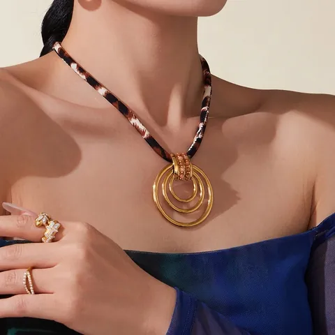 Leopard Print Satin Scarf Necklace 18K Gold Plated 304 Stainless Steel Geometric Heart Star Pendant Bohemian Jewelry For Women