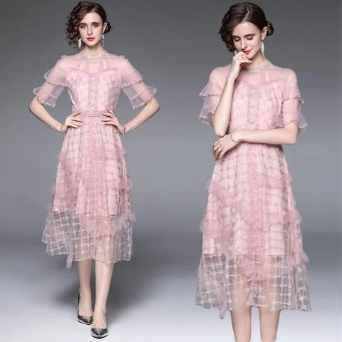 Elegant Pink Mesh Lace Embroidery Midi Dress High Waist Ruffle Tiered Cake Skirt Beaded Round Neck Women Party
