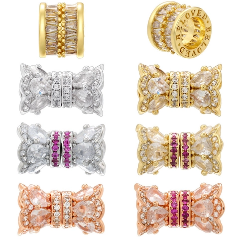 Perline Distanziatrici Cilindro Fiocco Ottone Zirconia Per Creazione Gioielli DIY Bracciale Collana Placcato Oro Inciso Beloved