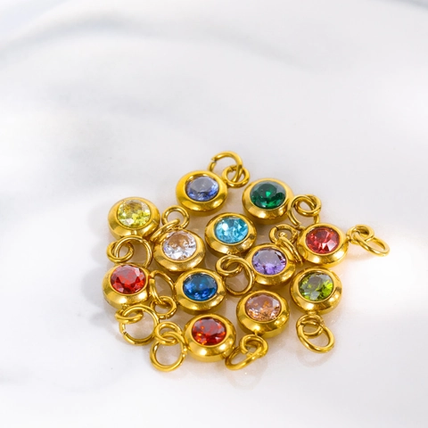 Mini Round Cubic Zirconia Charms Stainless Steel 18K Gold Plated Birthstone Jewelry Making DIY Accessories Findings