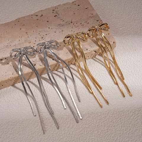 Elegante Ohrhänger Mit Schleife Lange Quasten Kupfer 18K Vergoldet Zirkonia Mit Silberstecker Ohrringe Mode Für Damen