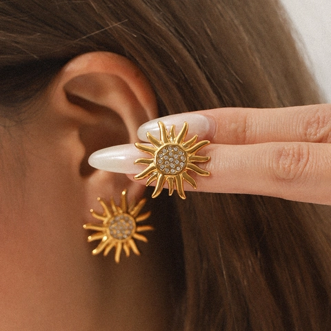 Sun Stud Earrings And Open Ring Stainless Steel With Rhinestones Gold Plated Elegant Jewelry For Women