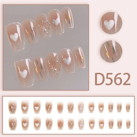 Faux Ongles Long Coffin Dégradé Rose Nude Avec Papillon Cœur Blanc Künstliche Perle Strass Style Français Doux