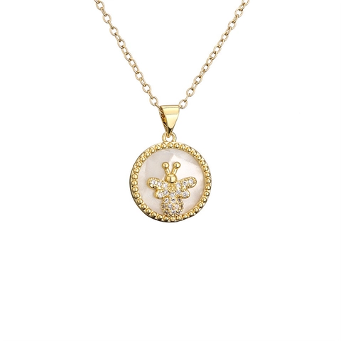 Collar Con Colgante Redondo Cobre Chapado En Oro Micro Incrustaciones Circón Nácar Blanco Luna Estrella Abeja Para Mujer