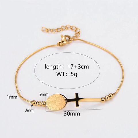 Vergulde 304 Roestvrijstalen Slangenketting Armband Met Kruis En Maagd Maria Medaille Hangers Religieuze Sieraden