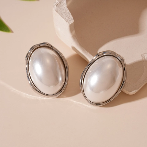 Oval Faux Artificial Pearl Stud Earrings With Irregular Wavy Metal Border And 925 Sterling Silver Earring Post Vintage For Women